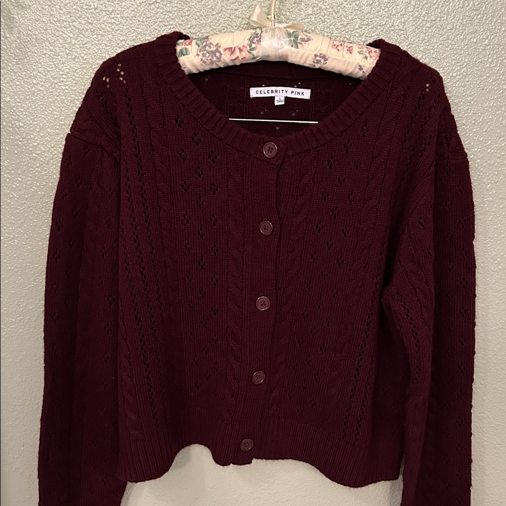 Celebrity Pink Burgundy Knit Button-Up Cardigan